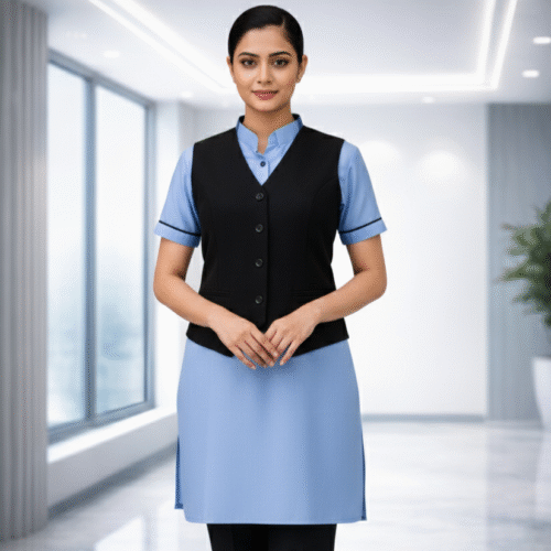 Blue PC Poplin Kurti & Black Salwar With PV Matty Overcoat Womens Housekeeping Uniform Set