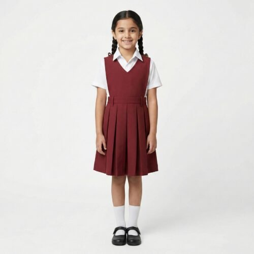 White PC HS Shirt & Maroon PV Trovine Pinafore Primary Girls Uniform Set