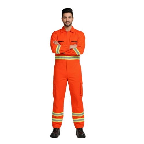 Orange Cotton Twill Industrial Safety Coverall Uniform With Reflective Tape